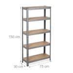 Raft industrial, cu 5 rafturi, placi MDF, cadru otel gri, 150 x 75 x 30 cm - imagine 4