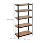 Raft industrial cu 5 polite pentru depozitare, placi MDF, cadru otel negru, 180 x 90 x 45 cm, Relaxdays - imagine 4