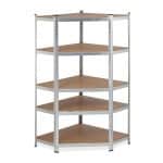Raft industrial de colt, cu 5 rafturi, placi MDF, cadru otel gri, 181x128x92 cm