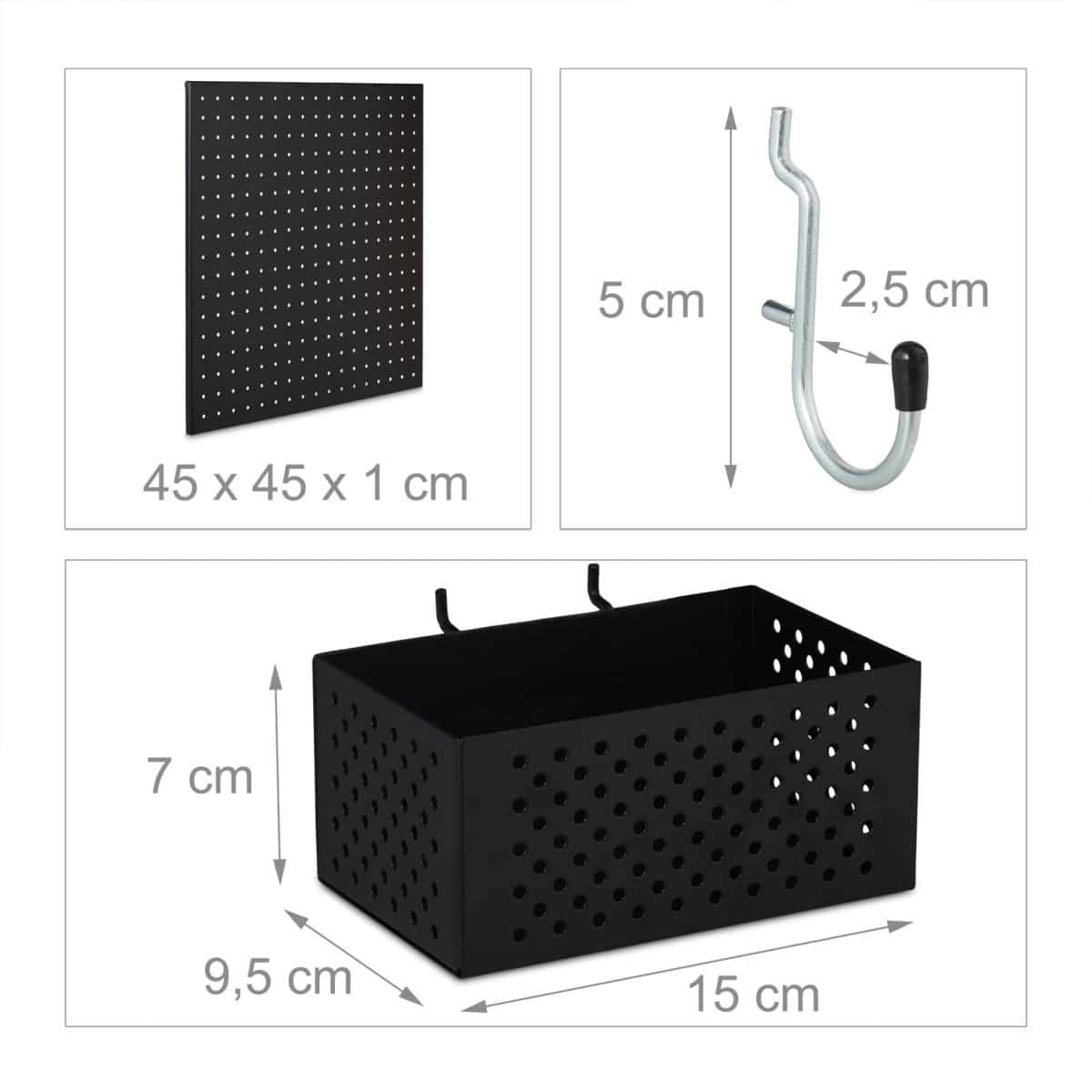 Suport perete perforat, carlige, cutii, polita si suport pentru agatat, 45 x 45 x 13 cm - imagine 4