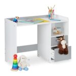 Birou pentru copii, cu sertare, raft, alb/gri, MDF, 60 x 80 x 38 cm