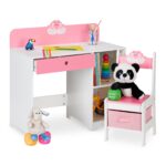 Birou cu scaun pentru copii,fetite, roz, cu sertar, cos depozitare, 79,5 x 80 x 40 cm