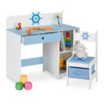 Birou cu scaun pentru copii, albastru, cu sertar, cos depozitare, 79,5 x 80 x 40 cm