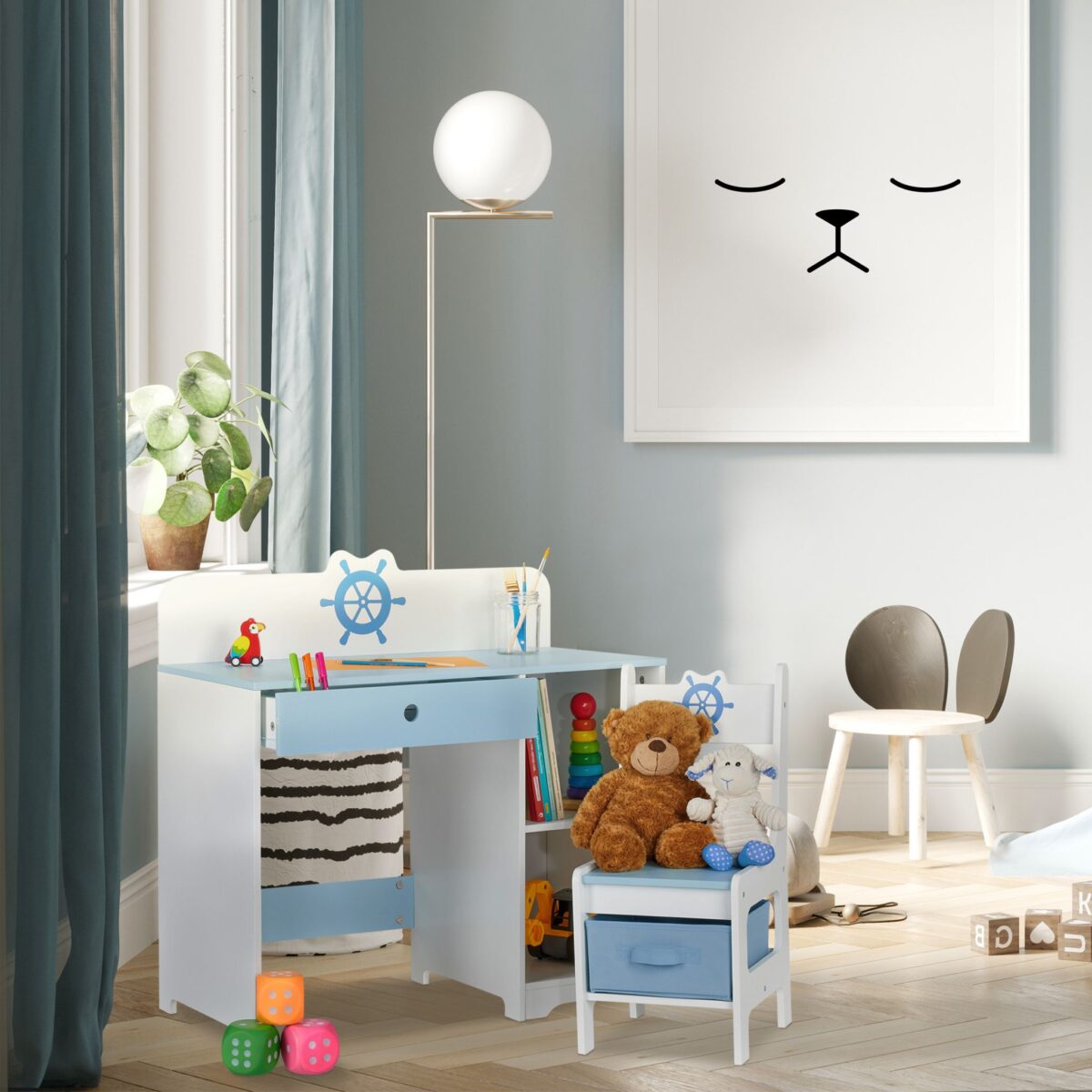 Birou cu scaun pentru copii, albastru, cu sertar, cos depozitare, 79,5 x 80 x 40 cm - imagine 9