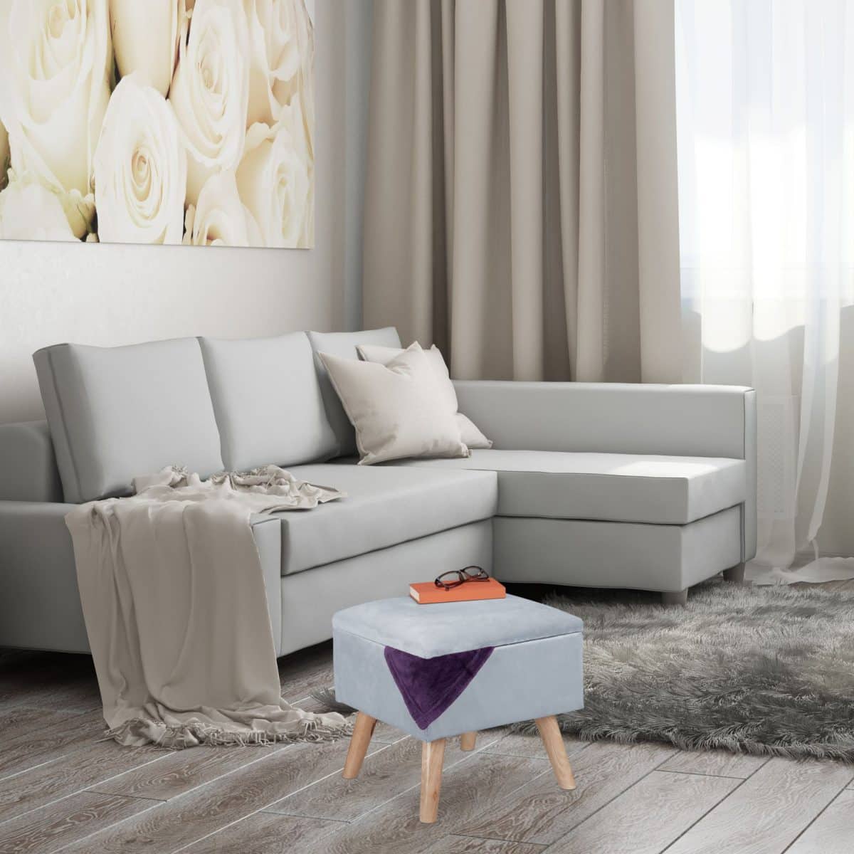 Scaun taburet cu spatiu de depozitare, catifea, picioare din lemn de eucalipt, gri, 40 x 40 x 40 cm - imagine 7