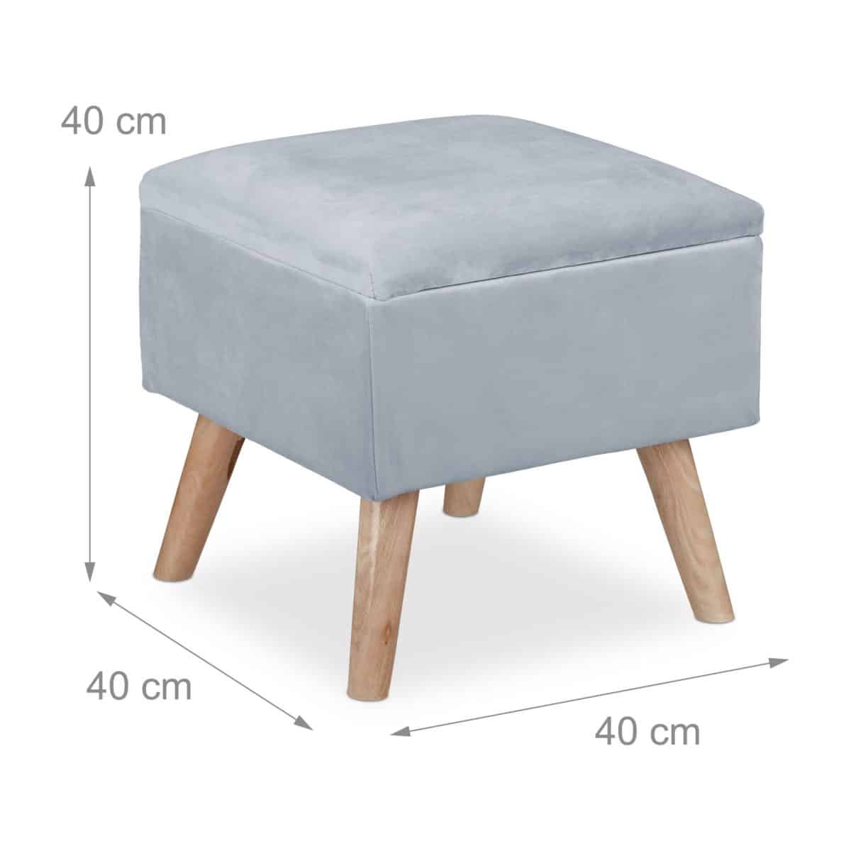 Scaun taburet cu spatiu de depozitare, catifea, picioare din lemn de eucalipt, gri, 40 x 40 x 40 cm - imagine 6