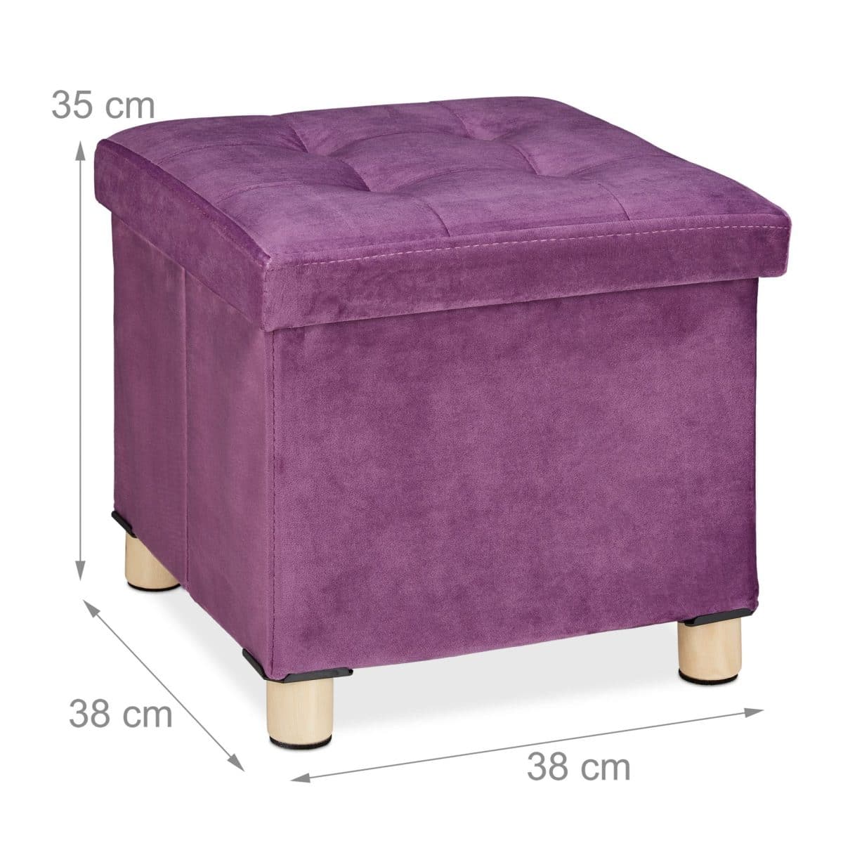 Taburet cu spatiu de depozitare, catifea, picioare lemn, violet, 35 x 38 x 38 cm - imagine 4