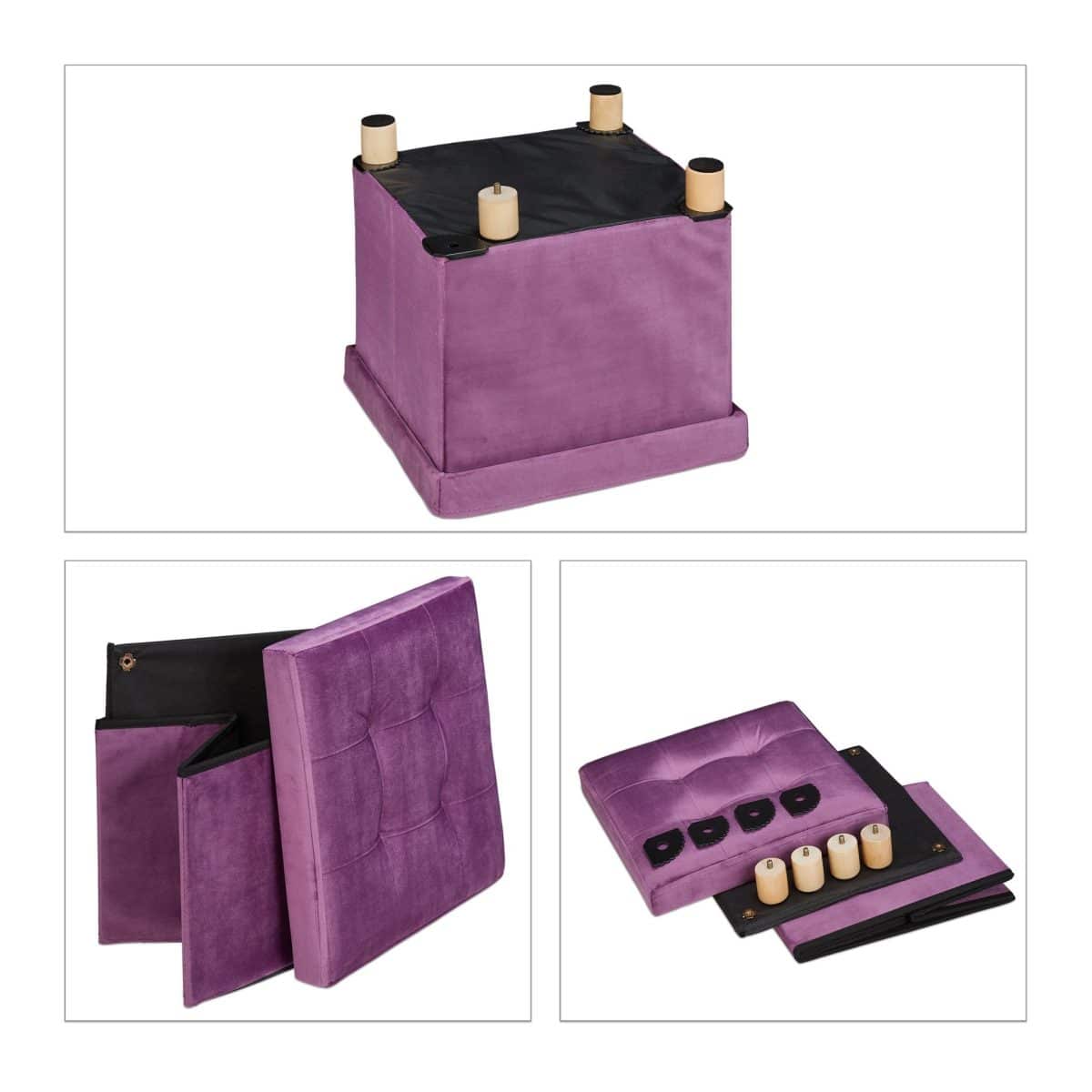 Taburet cu spatiu de depozitare, catifea, picioare lemn, violet, 35 x 38 x 38 cm - imagine 3
