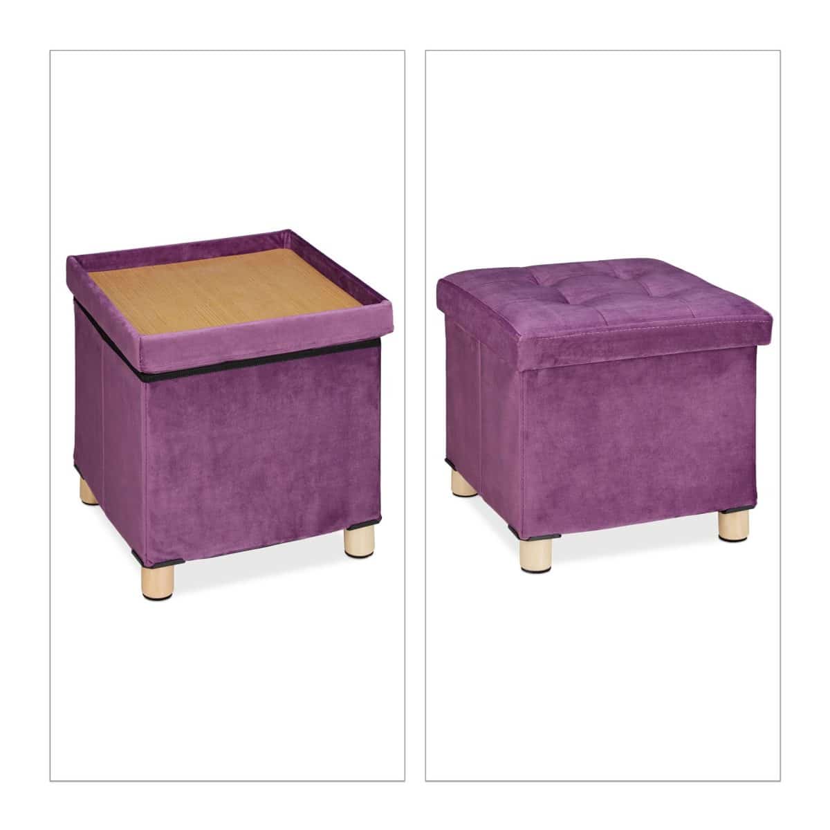 Taburet cu spatiu de depozitare, catifea, picioare lemn, violet, 35 x 38 x 38 cm - imagine 2