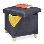 Taburet cu spatiu de depozitare, catifea, picioare lemn, antracit, 35 x 38 x 38 cm