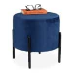 Scaun taburet din catifea, cadru metalic, albastru/negru, 38,5 x 40,5 cm
