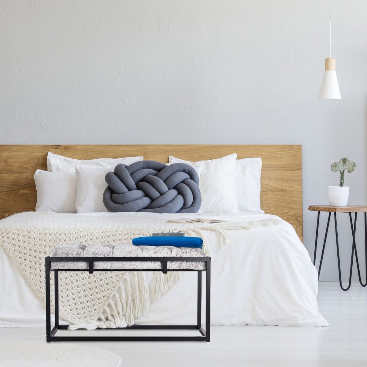 Banca eleganta cu husa din catifea, cadru metal negru, gri/negru,  47 x 80 x 40 cm - imagine 8