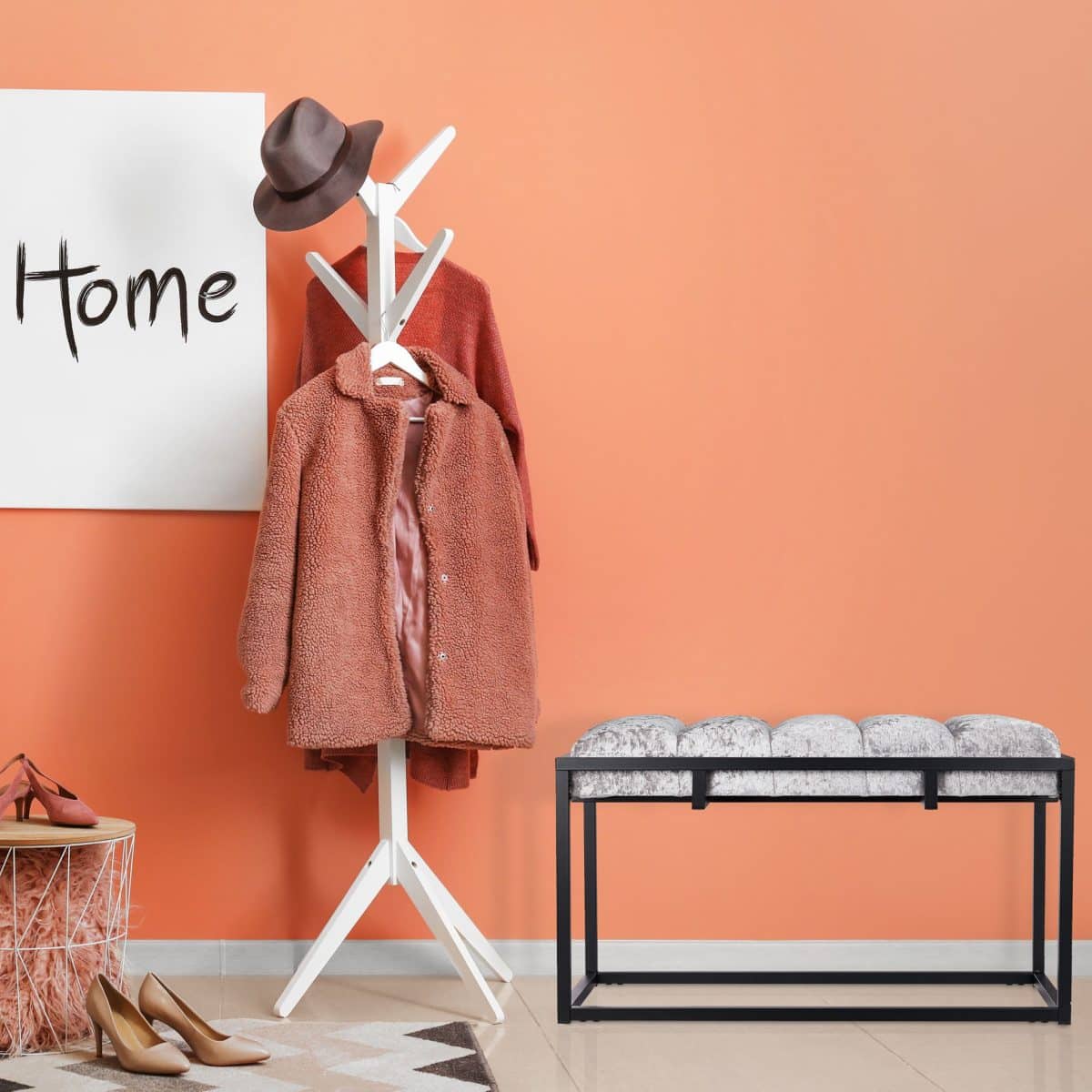 Banca eleganta cu husa din catifea, cadru metal negru, gri/negru,  47 x 80 x 40 cm - imagine 7