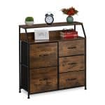 Comoda cu 5 sertare si raft deschis, design vintage, maro, MDF, cadru otel, 87 x 84 x 32 cm