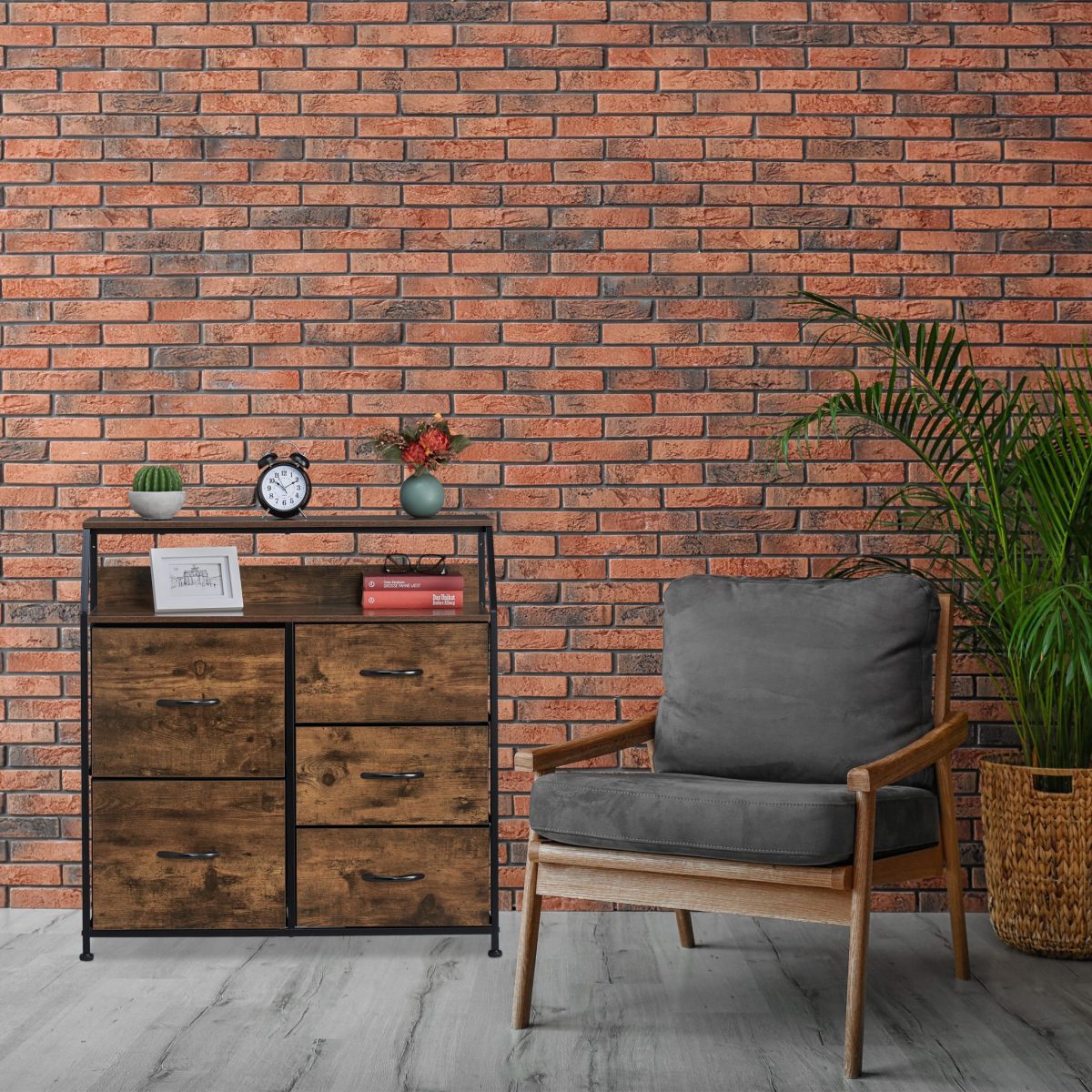 Comoda cu 5 sertare si raft deschis, design vintage, maro, MDF, cadru otel, 87 x 84 x 32 cm - imagine 7