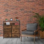 Comoda cu 5 sertare si raft deschis, design vintage, maro, MDF, cadru otel, 87 x 84 x 32 cm - imagine 7