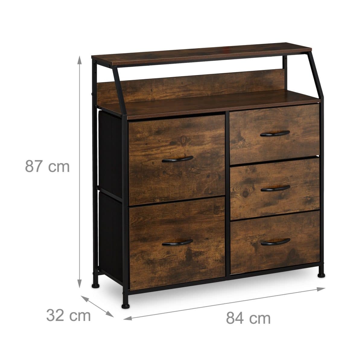 Comoda cu 5 sertare si raft deschis, design vintage, maro, MDF, cadru otel, 87 x 84 x 32 cm - imagine 6