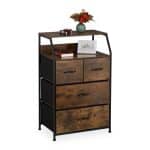 Comoda cu 4 sertare textile si rafturi, design vintage, maro, MDF, cadru metal, 96,5 x 60 x 41,5 cm