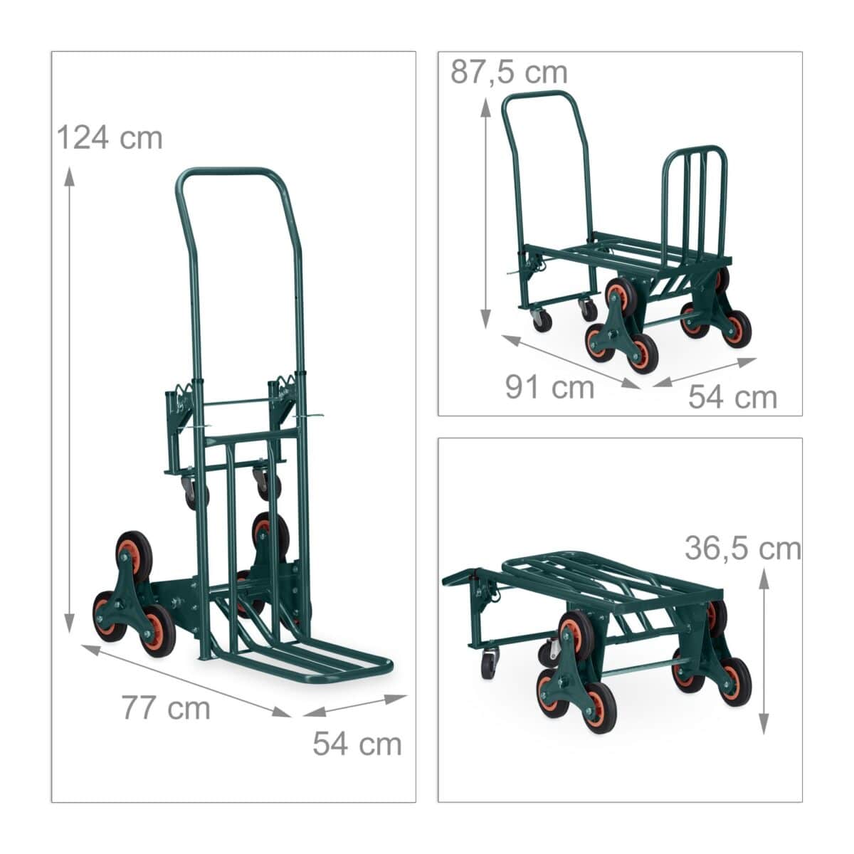 Carucior marfa pentru trepte, capacitate incarcare 150 kg, maner reglabil pe inaltime, verde, Relaxdays - imagine 4
