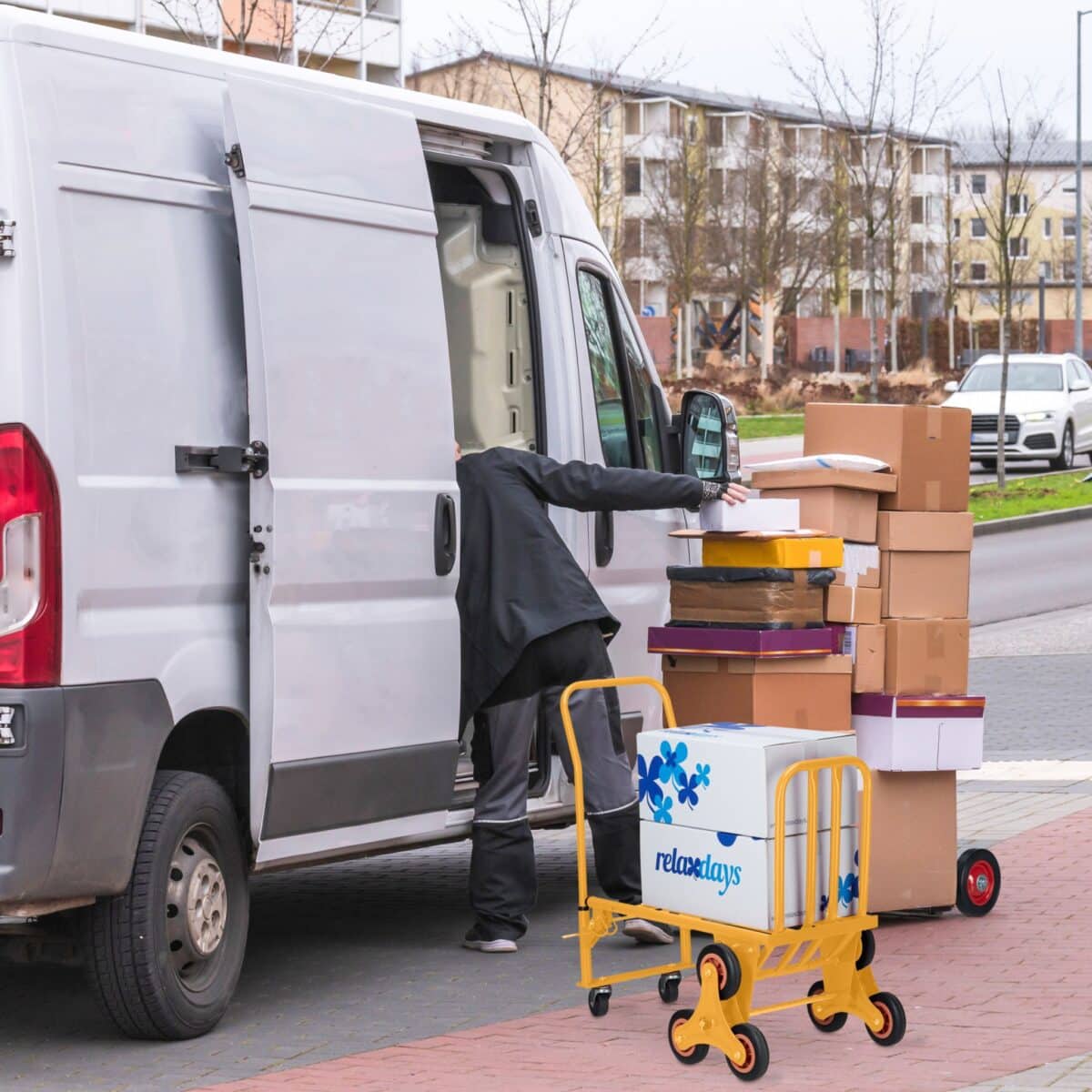 Carucior marfa pentru trepte, capacitate incarcare 150 kg, maner reglabil pe inaltime, galben, Relaxdays - imagine 5