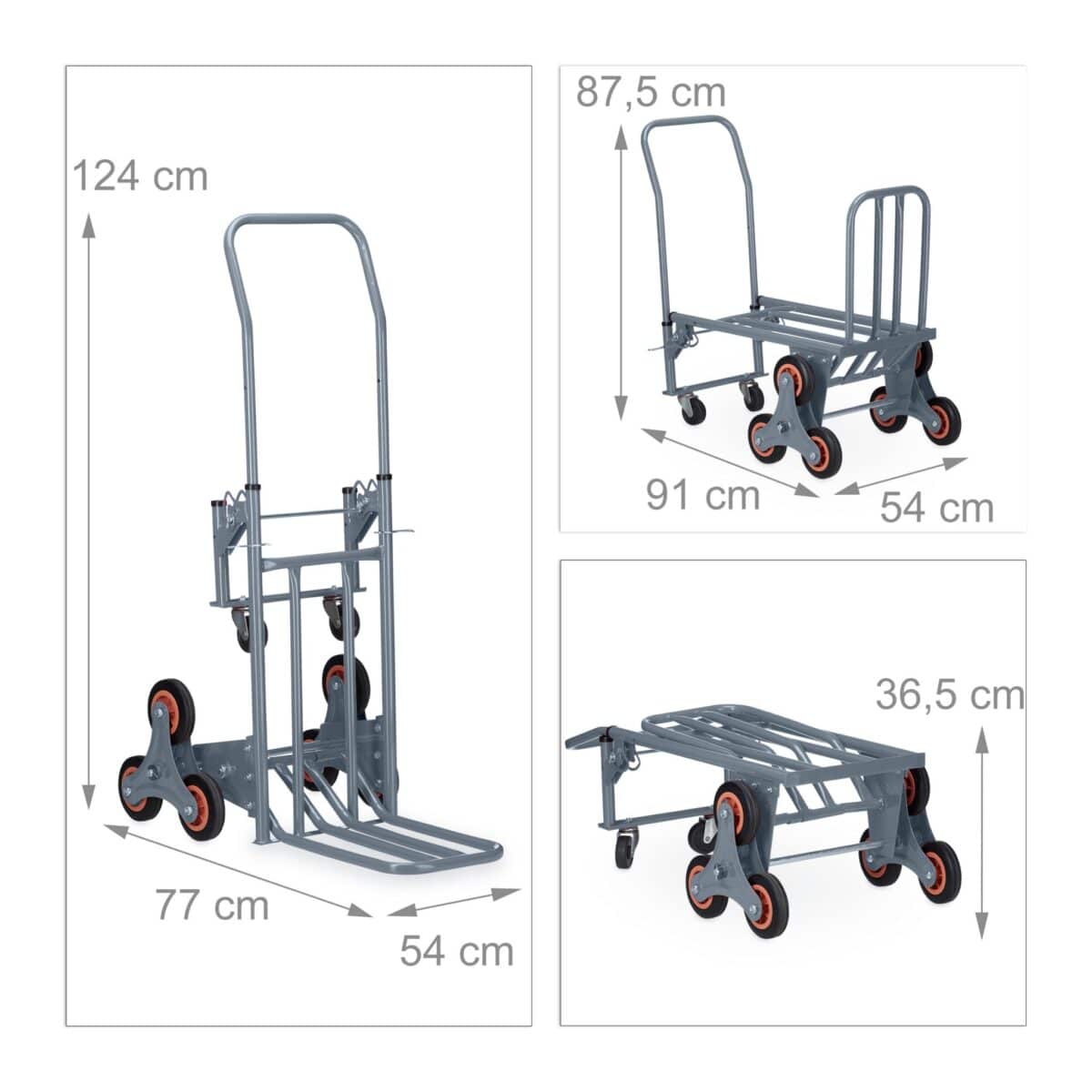 Carucior marfa pentru trepte, capacitate incarcare 150 kg, maner reglabil pe inaltime, gri, Relaxdays - imagine 4