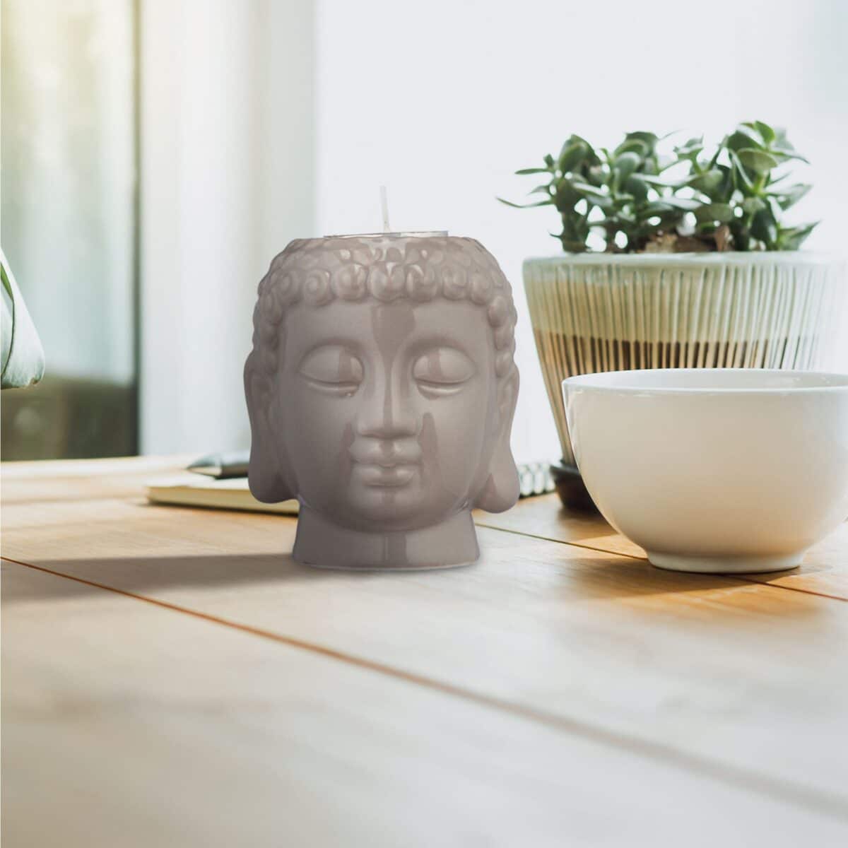 Suport decorativ pentru lumanari Buddha, din ceramica, gri, 9,5 x 8 x 8 cm - imagine 2