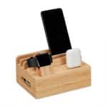 Suport telefon, smartwatch si casti, suport incarcator, din bambus, 11 x 17 x 13 cm