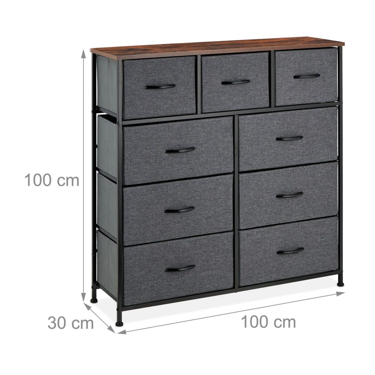 Comoda cu 9 sertare textile de doua dimensiuni, gri, blat MDF, cadru metal, 100 x 100 x 30 cm - imagine 6