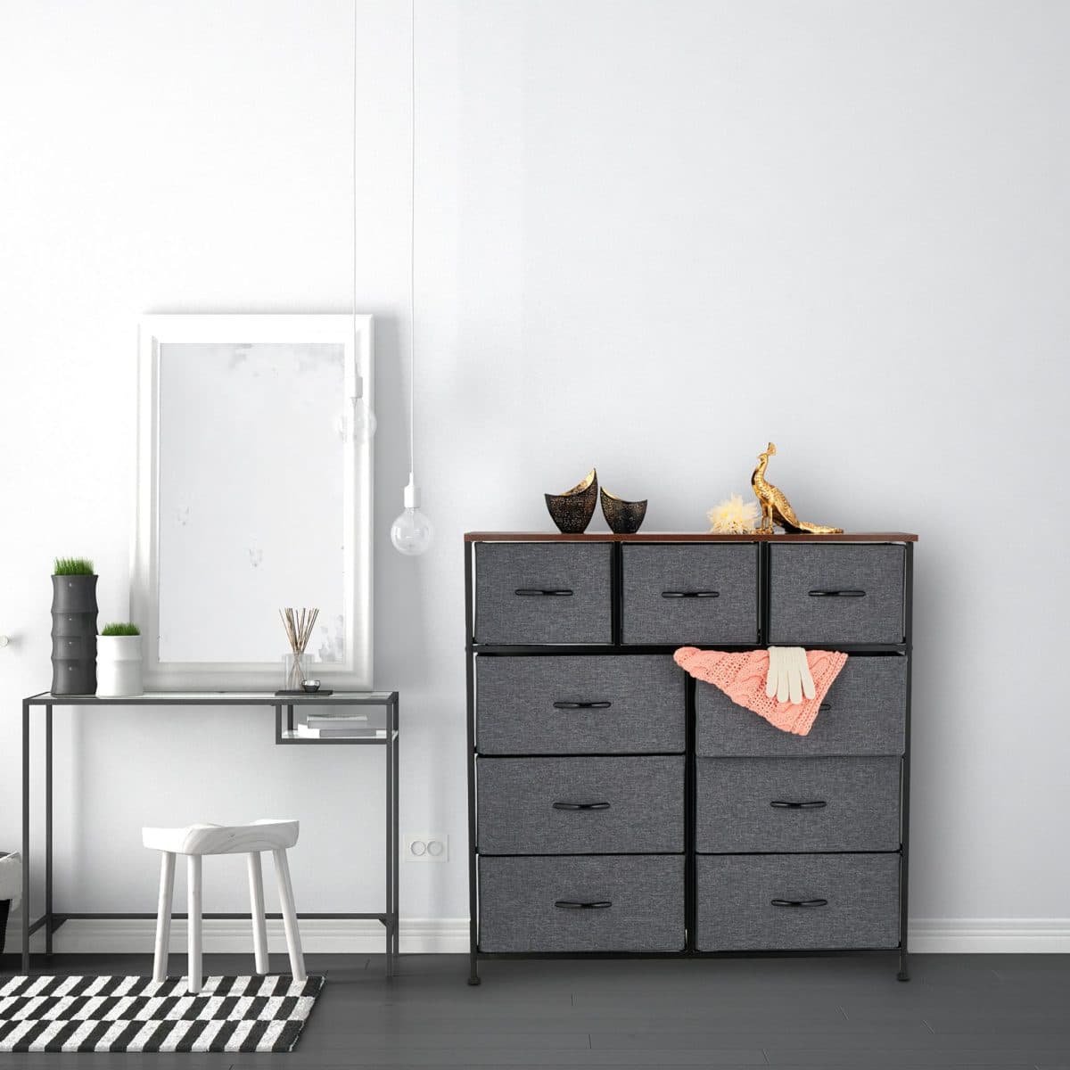 Comoda cu 9 sertare textile de doua dimensiuni, gri, blat MDF, cadru metal, 100 x 100 x 30 cm - imagine 4