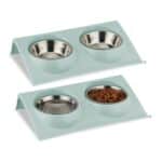 Suport mancare caini/pisici, cu 2 boluri din inox, roz, 6,5 x 29 x 19 cm