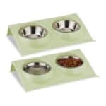 Suport mancare caini/pisici, cu 2 boluri din inox, verde, 6,5 x 29 x 19 cm