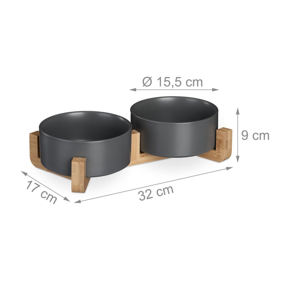 Boluri din ceramica, mancare caine, suport din bambus, 2 x 850 ml, gri, 9 x 32 x 17 cm - imagine 4