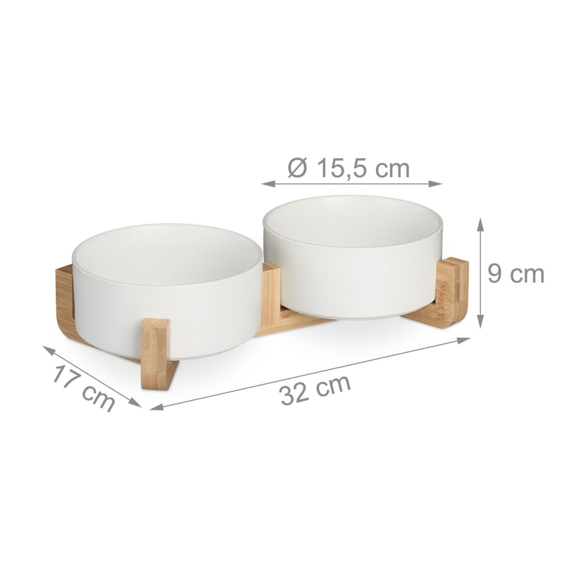 Boluri din ceramica, mancare caine, suport din bambus, 2 x 850 ml, alb, 9 x 32 x 17 cm - imagine 4