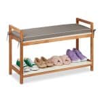 Banca pentru pantofi cu sezut captusit, lemn de nuc, gri/natur, 55 x 90 x 34 cm