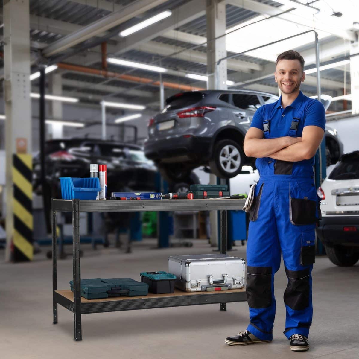 Banc de lucru, 2 nivele, sustine 300kg, negru, 91 x 141 x 61 cm - imagine 5