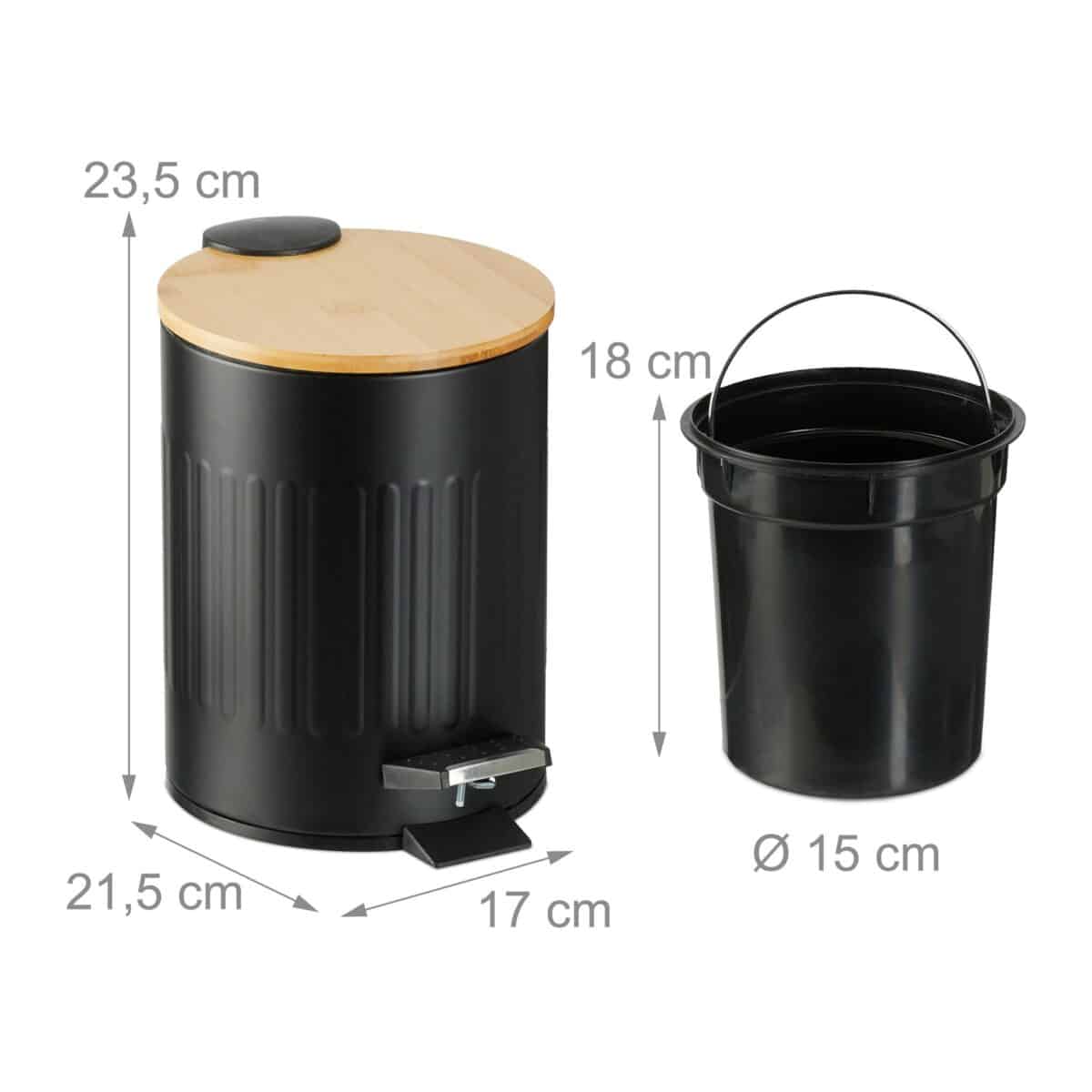 Cos de gunoi pentru baie, 3 L, capac din bambus, cu pedala, negru - imagine 6