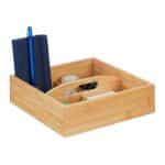 Organizator din bambus, cu maner, de birou/cosmetice, 6,5 x 25 x 25 cm