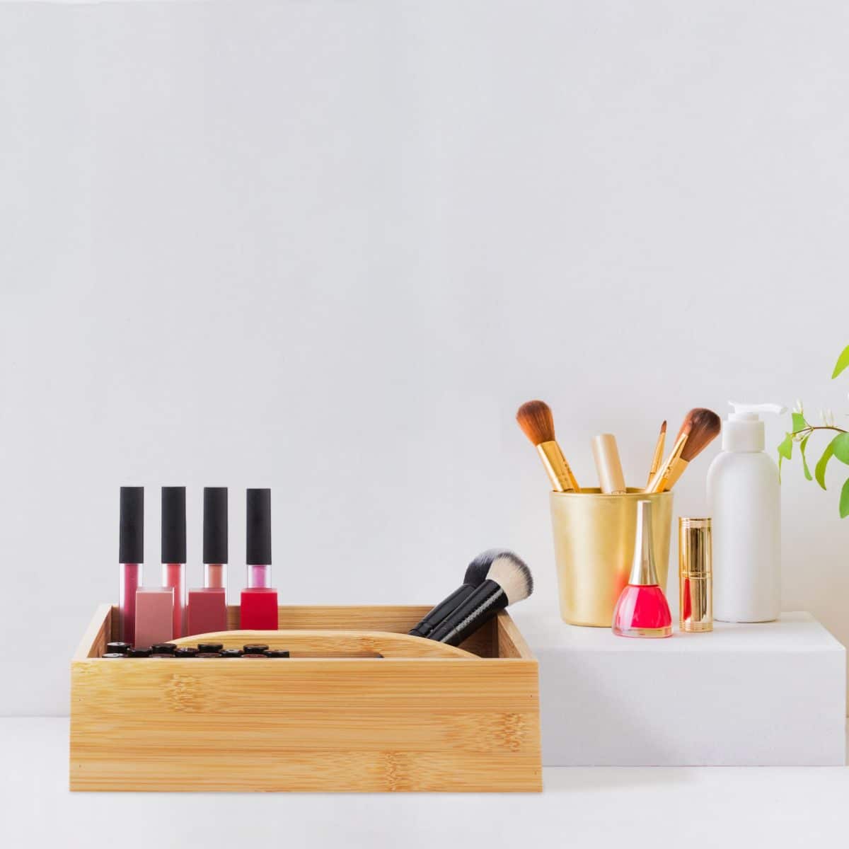 Organizator din bambus, cu maner, de birou/cosmetice, 6,5 x 25 x 25 cm - imagine 3