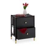 Noptiera cu 2 sertare textile, piele ecologica, design modern, cadru din otel, negru, 55,5 x 46 x 33 cm