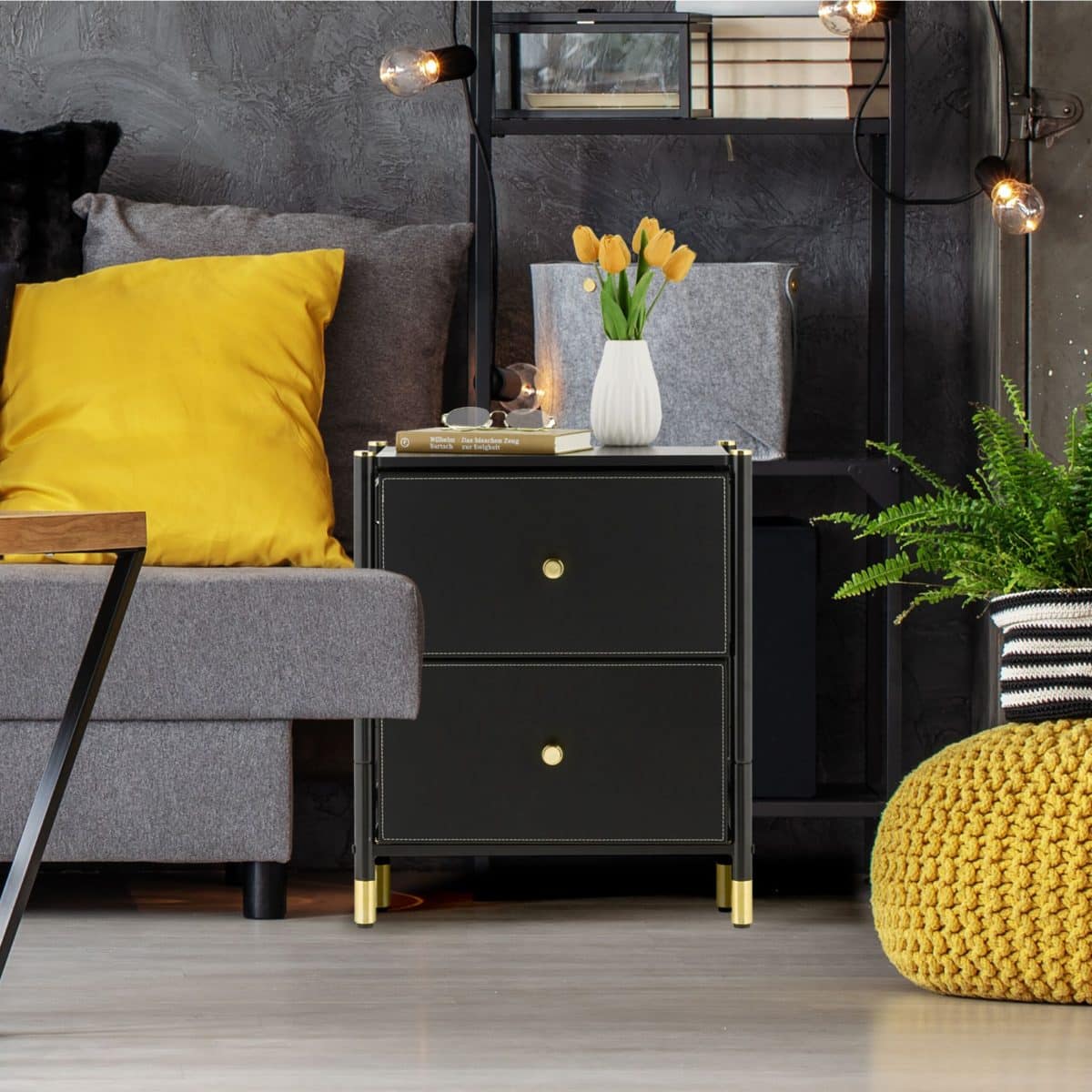 Noptiera cu 2 sertare textile, piele ecologica, design modern, cadru din otel, negru, 55,5 x 46 x 33 cm - imagine 9