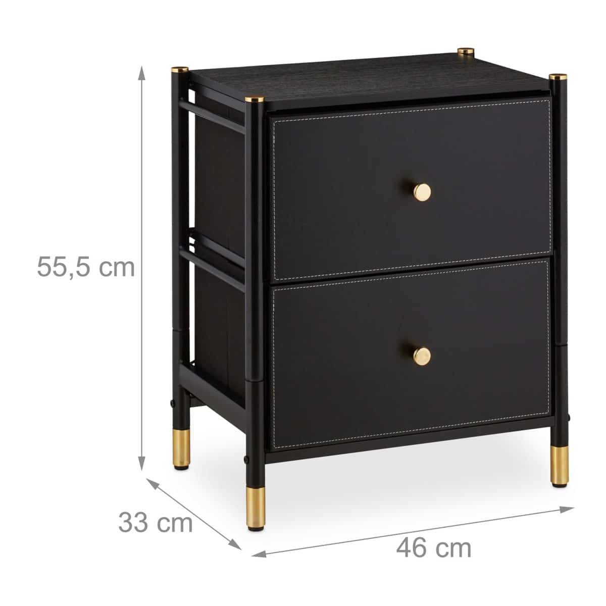 Noptiera cu 2 sertare textile, piele ecologica, design modern, cadru din otel, negru, 55,5 x 46 x 33 cm - imagine 7