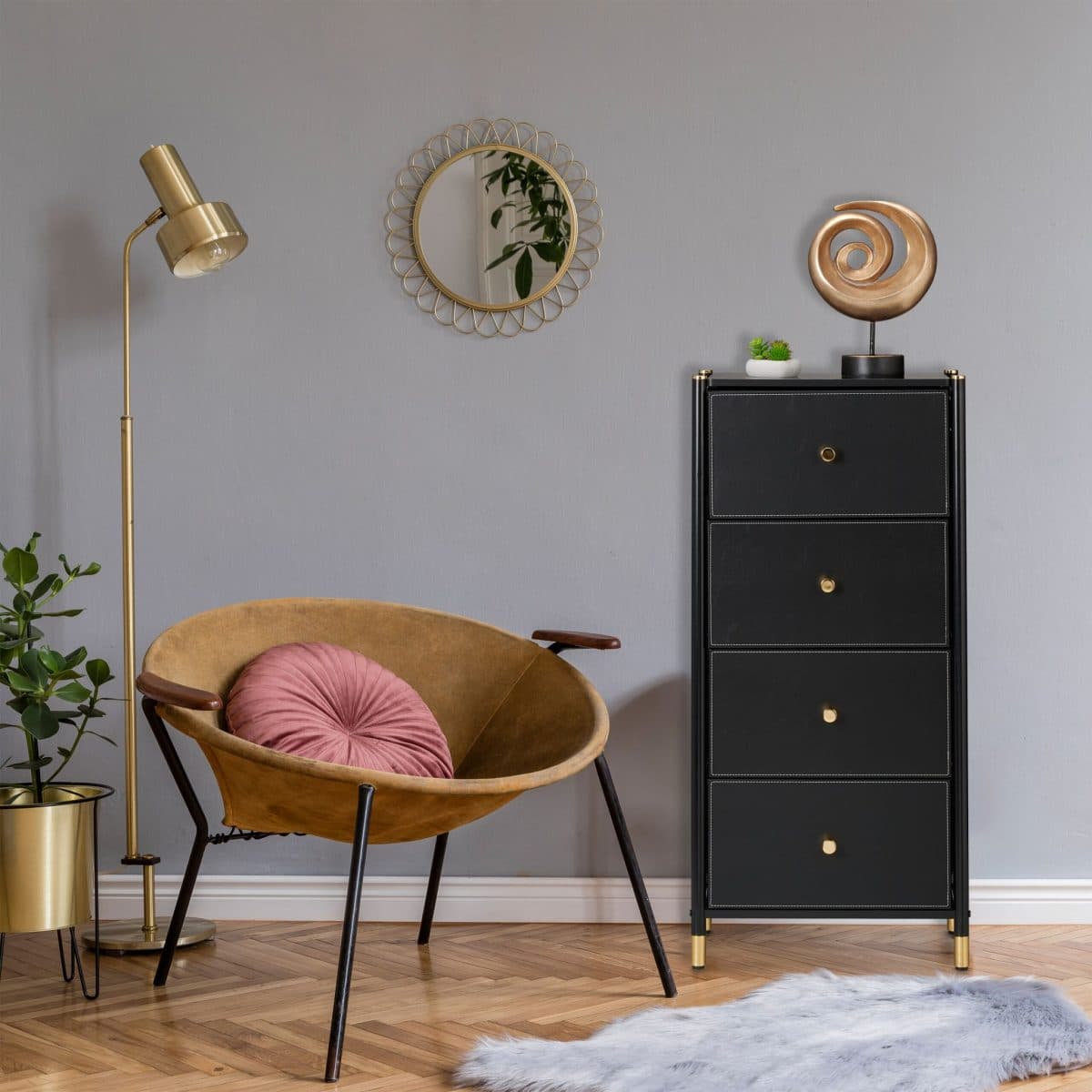 Comoda cu 4 sertare, piele ecologica, blat MDF, negru/auriu, 98,5 x 46 x 30 cm - imagine 4
