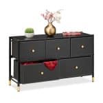 Comoda cu 5 sertare, piele ecologica, blat MDF, negru/auriu, 58,5 x 100 x 30 cm