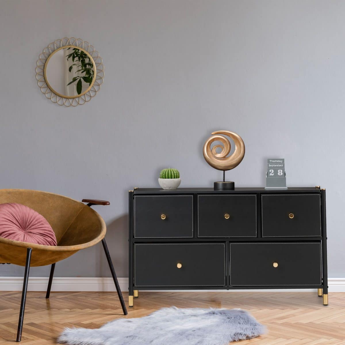 Comoda cu 5 sertare, piele ecologica, blat MDF, negru/auriu, 58,5 x 100 x 30 cm - imagine 6