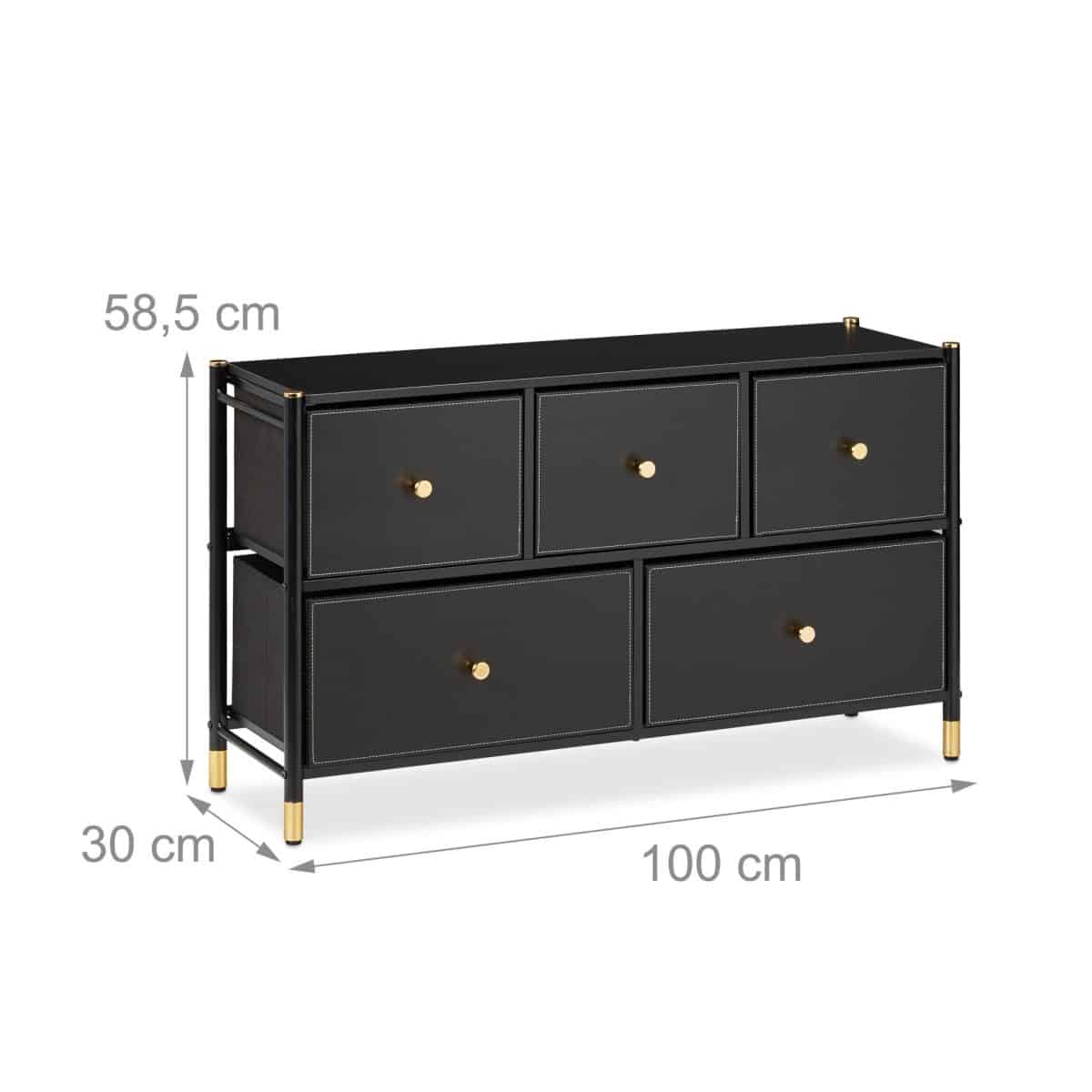 Comoda cu 5 sertare, piele ecologica, blat MDF, negru/auriu, 58,5 x 100 x 30 cm - imagine 4