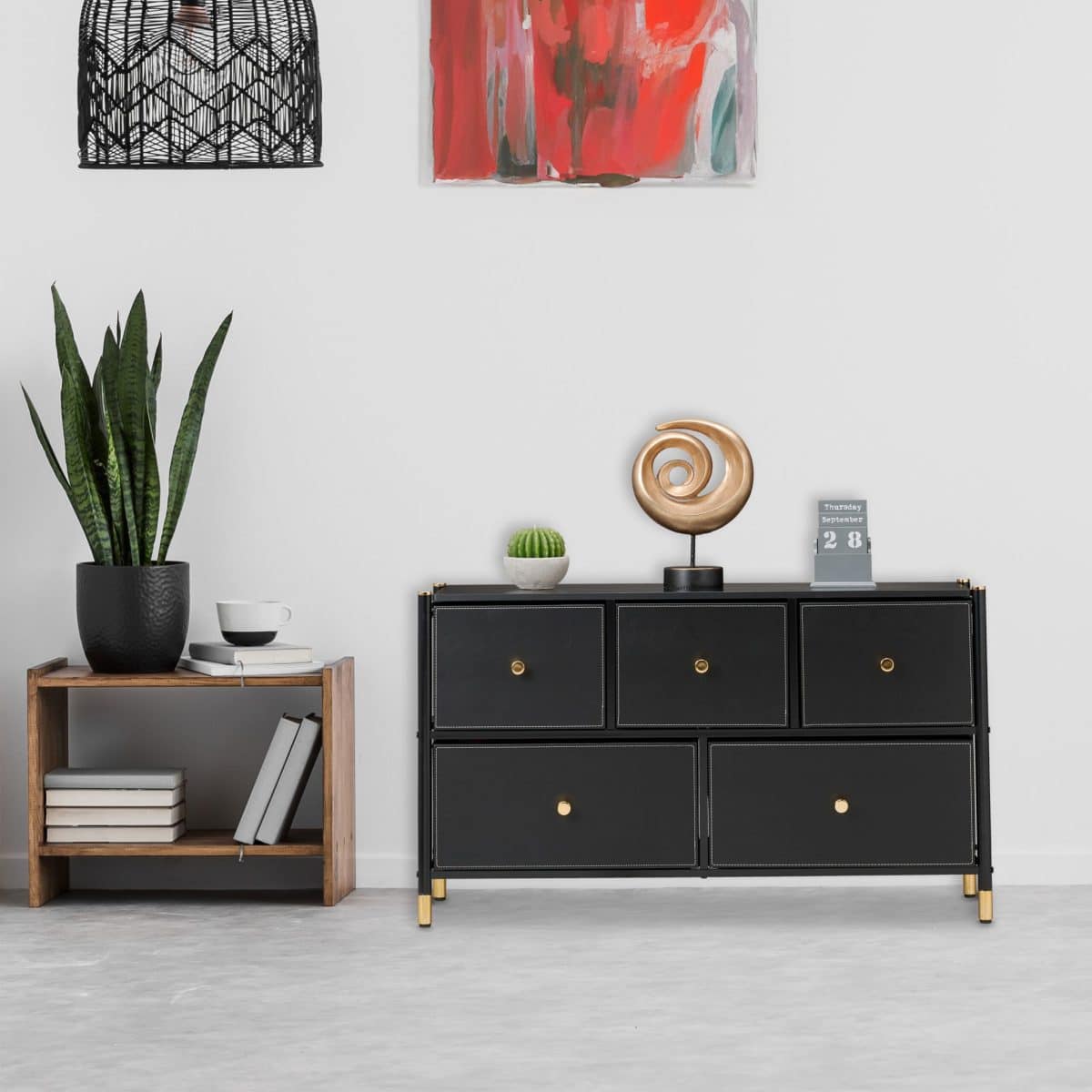Comoda cu 5 sertare, piele ecologica, blat MDF, negru/auriu, 58,5 x 100 x 30 cm - imagine 2