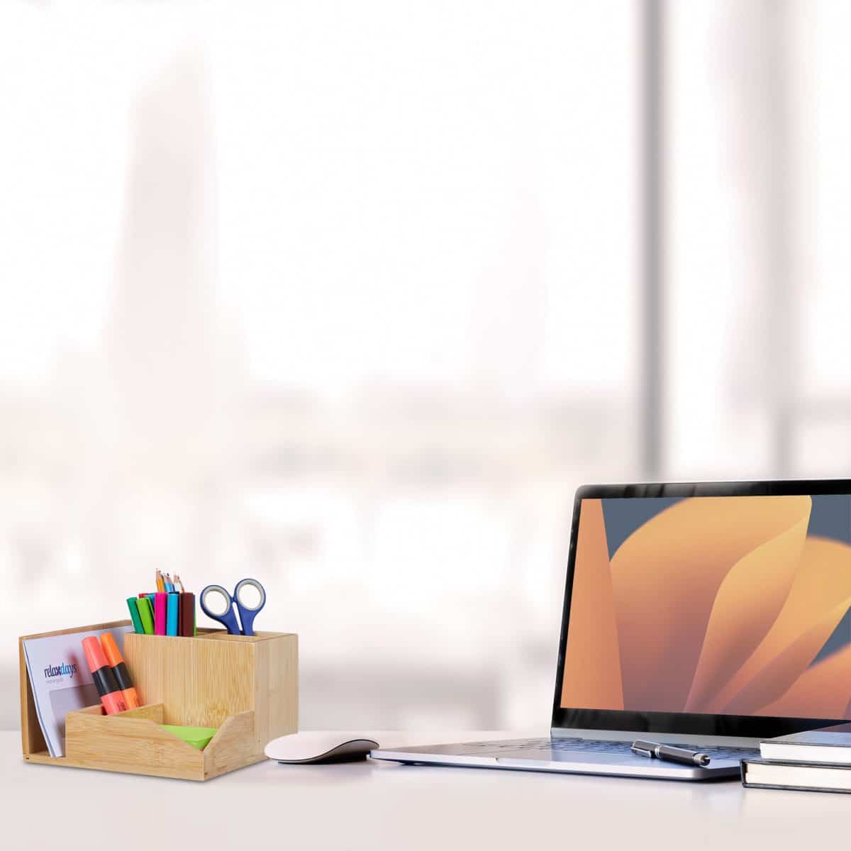 Organizator de birou, 7 compartimente, din bambus, 11 x 21 x 19 cm - imagine 2