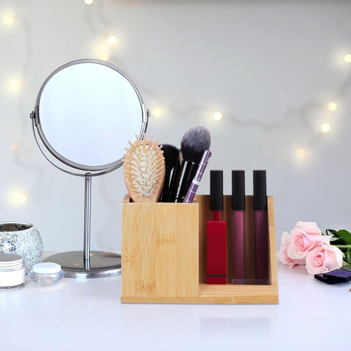 Organizator din bambus, de birou/cosmetice, 2 sertare, 10,5 x 17,5 x 10,5 cm - imagine 5