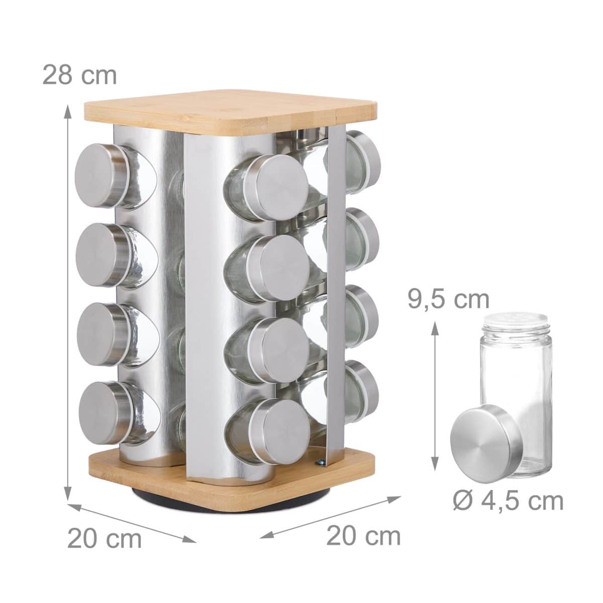 Set 16 recipiente condimente cu suport rotativ, inox/bambus - imagine 3