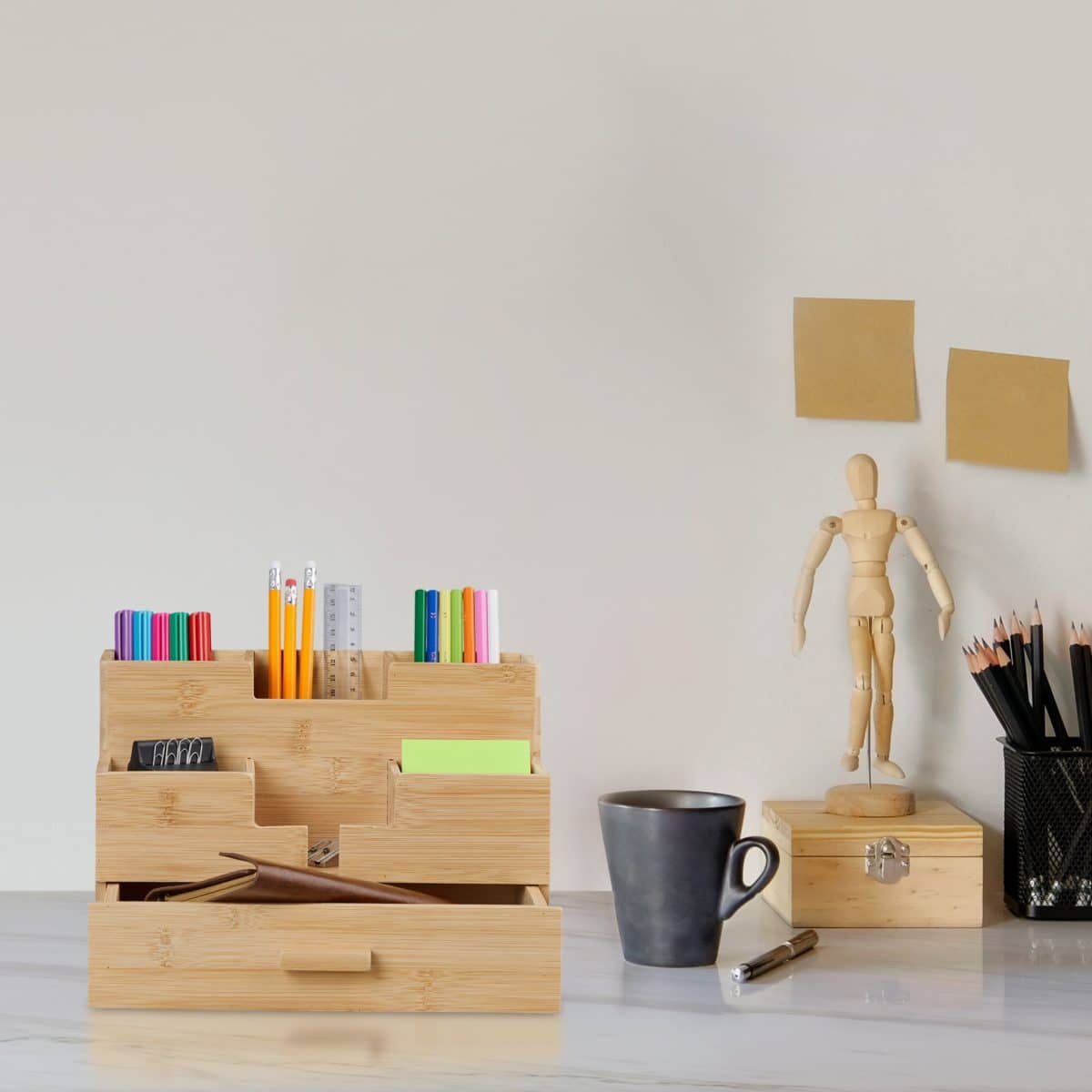 Organizator de birou, 6 compartimente, din bambus, 18 x 26 x 17 cm - imagine 2